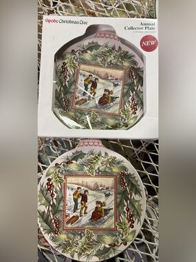 Spode Christmas Tree Plates in Green, Red and Cream Holiday Sled Scene